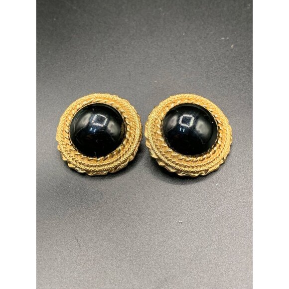 Classic Clip On Earrings Black and Matte Gold-Tone Round Domed 80s Earrings - Picture 3 of 5